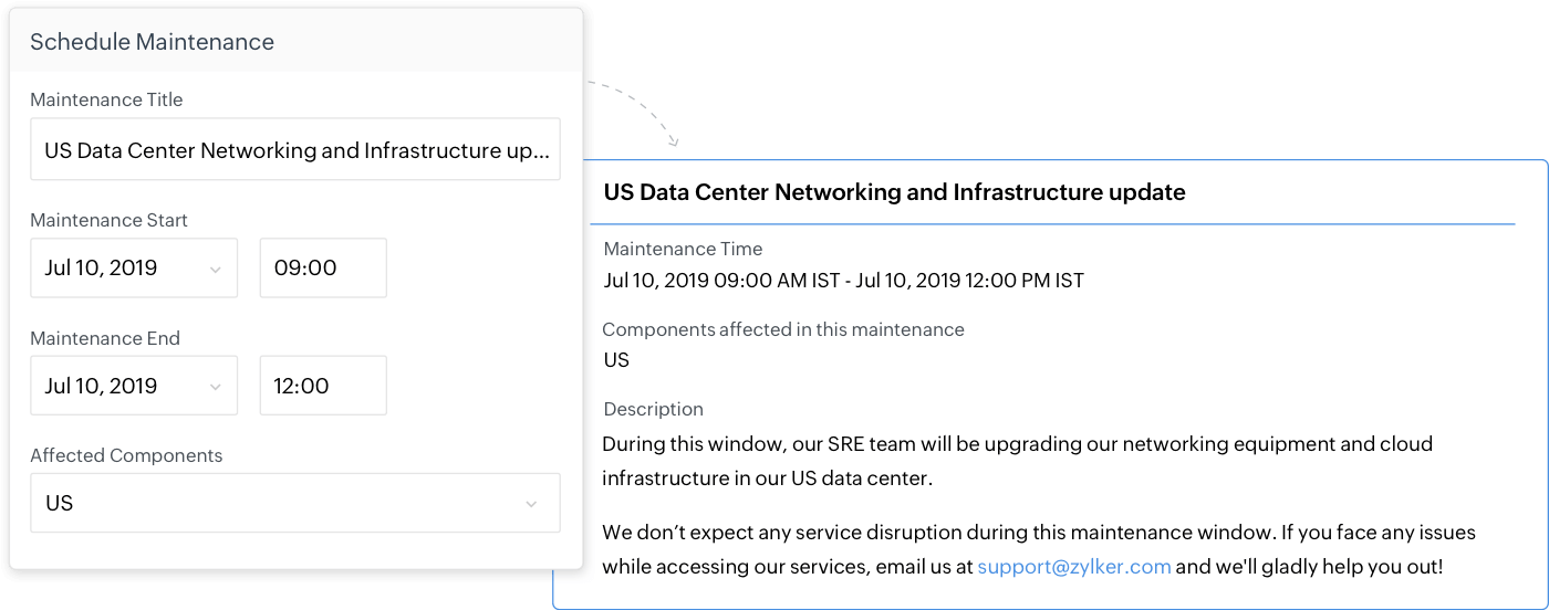Notify scheduled maintenance using status page Status page for scheduled maintenance - Site24x7 StatusIQ
